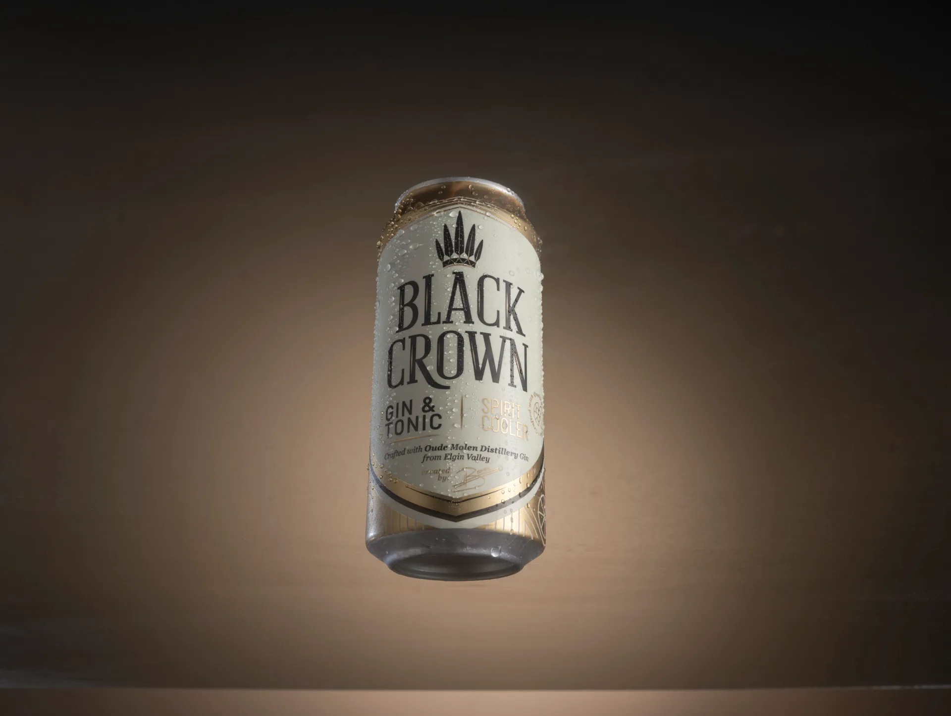 Finished Black Crown Gin & Tonic campaign artwork — can spotlit against a dark, moody backdrop