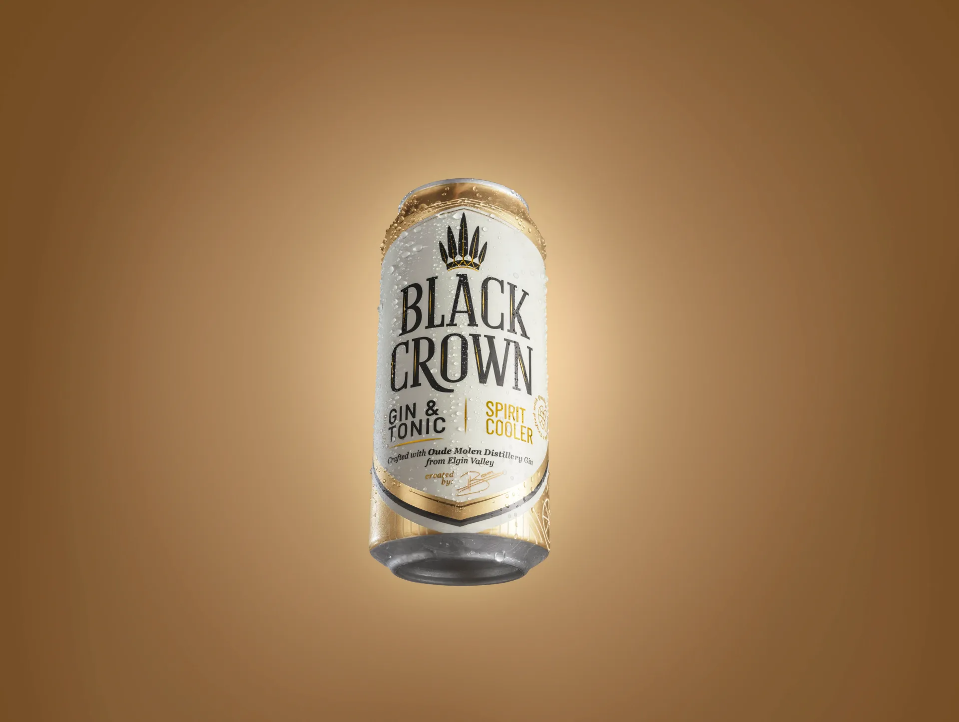 Original studio capture of a Black Crown Gin & Tonic can against a warm golden backdrop