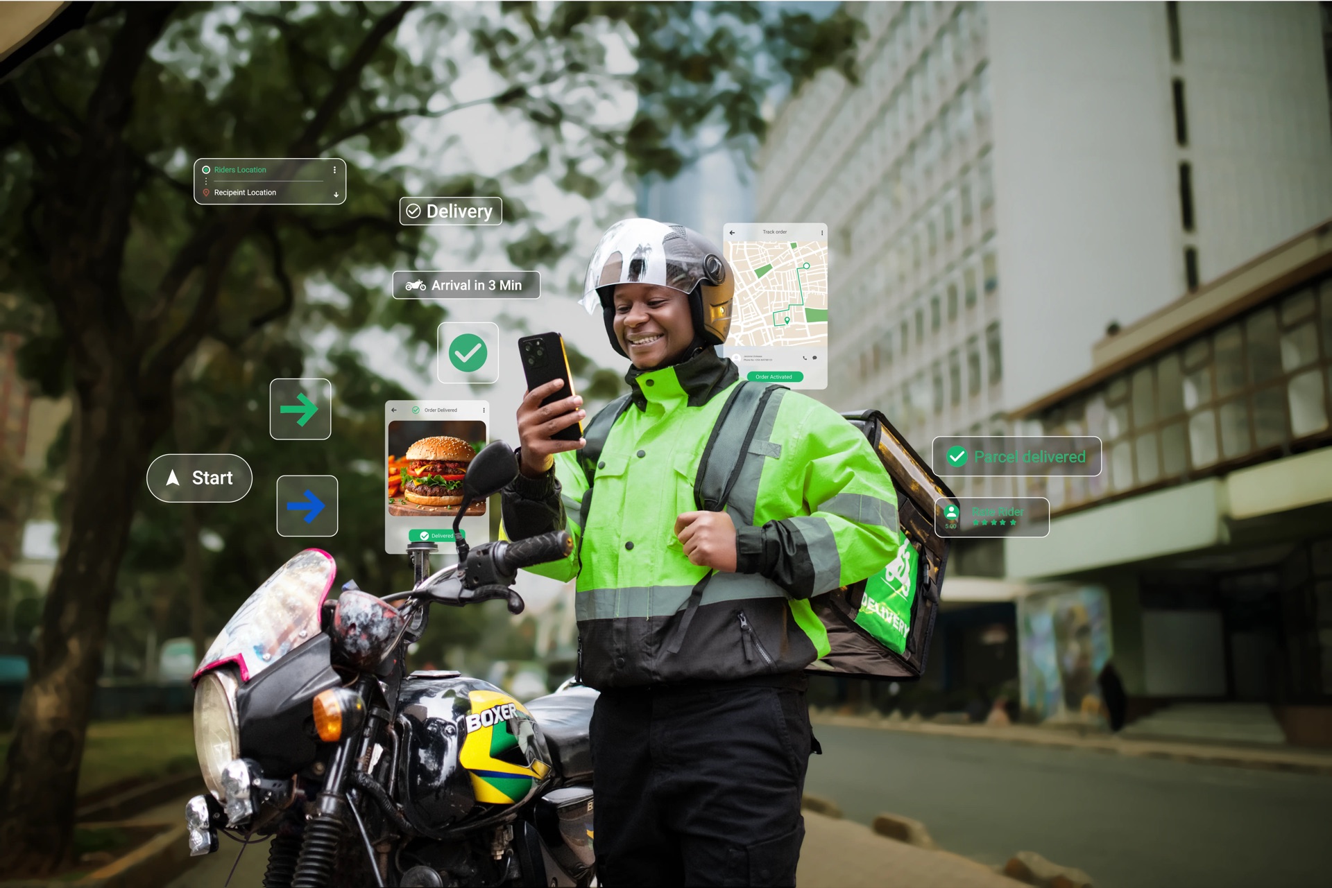 Finished composite — delivery-app interface elements tracking the order composited around the rider