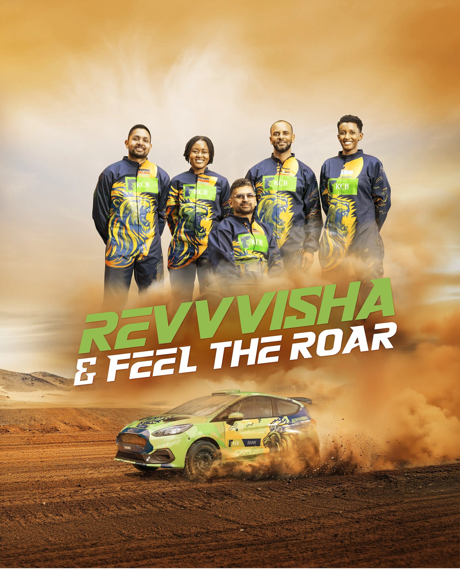 Finished KCB Bank RevVvisha and Feel the Roar rally poster with the team and car composited into a dusty desert scene