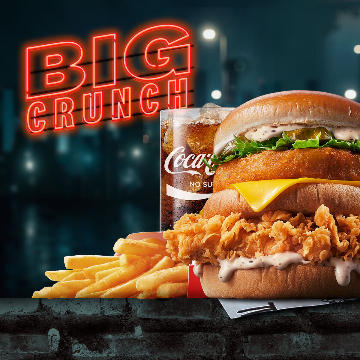 Big Crunch burger meal under neon signage at night