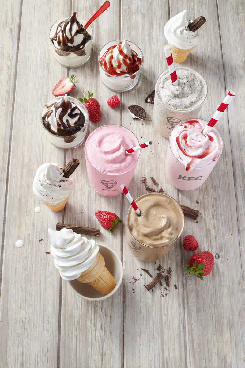 Overhead flat lay of sundaes, shakes and soft-serve desserts