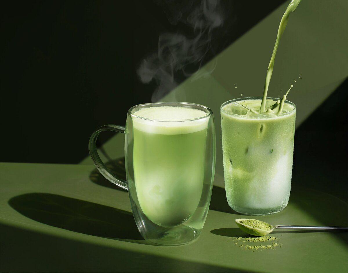 Hot and iced vanilla matcha latte pour shot