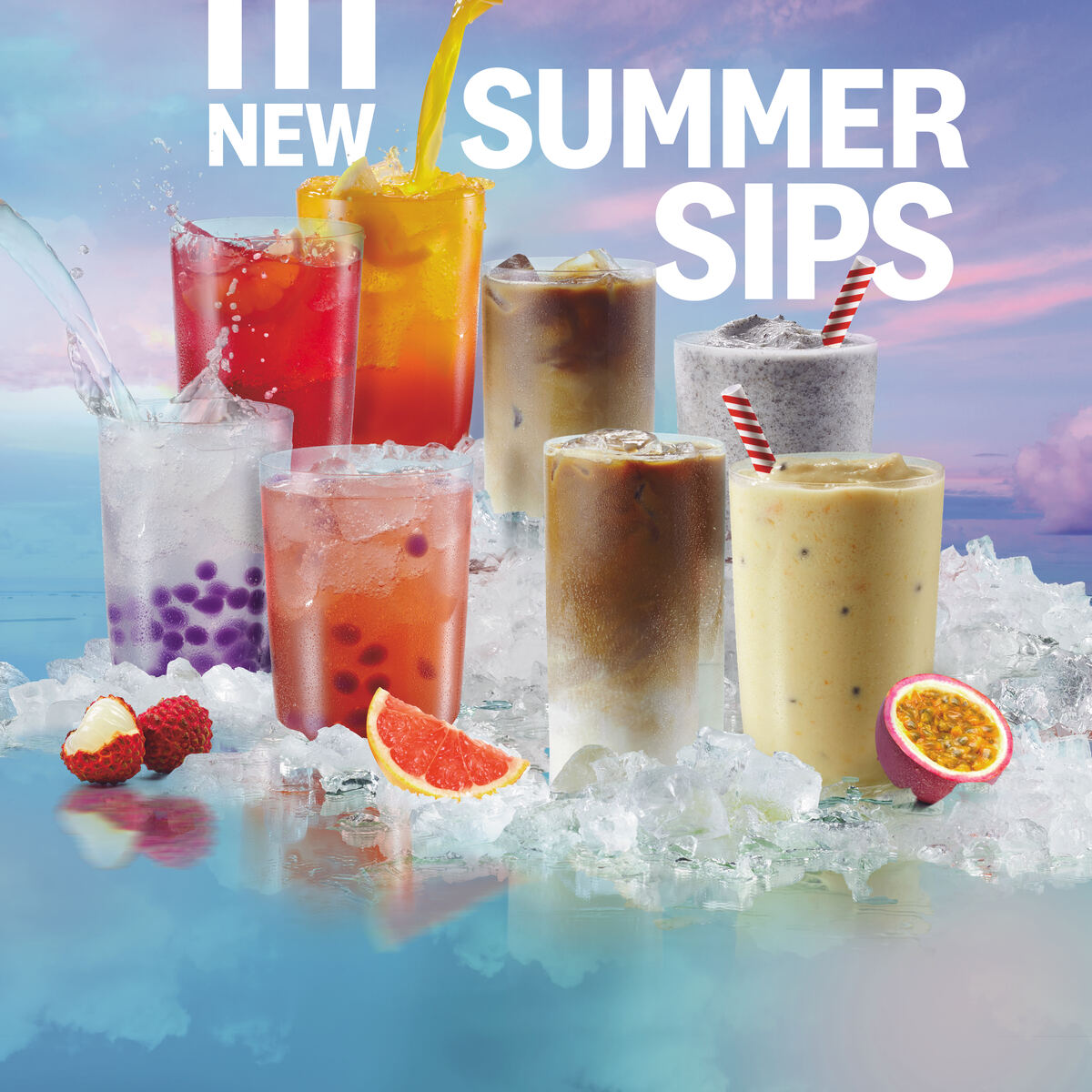 Summer Sips beverage range styled on crushed ice