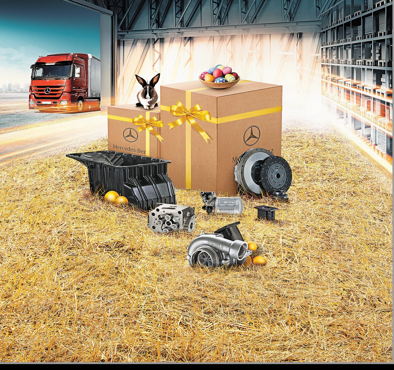 Mercedes-Benz genuine parts Easter composite — gift boxes, engine parts and eggs on straw in a parts warehouse