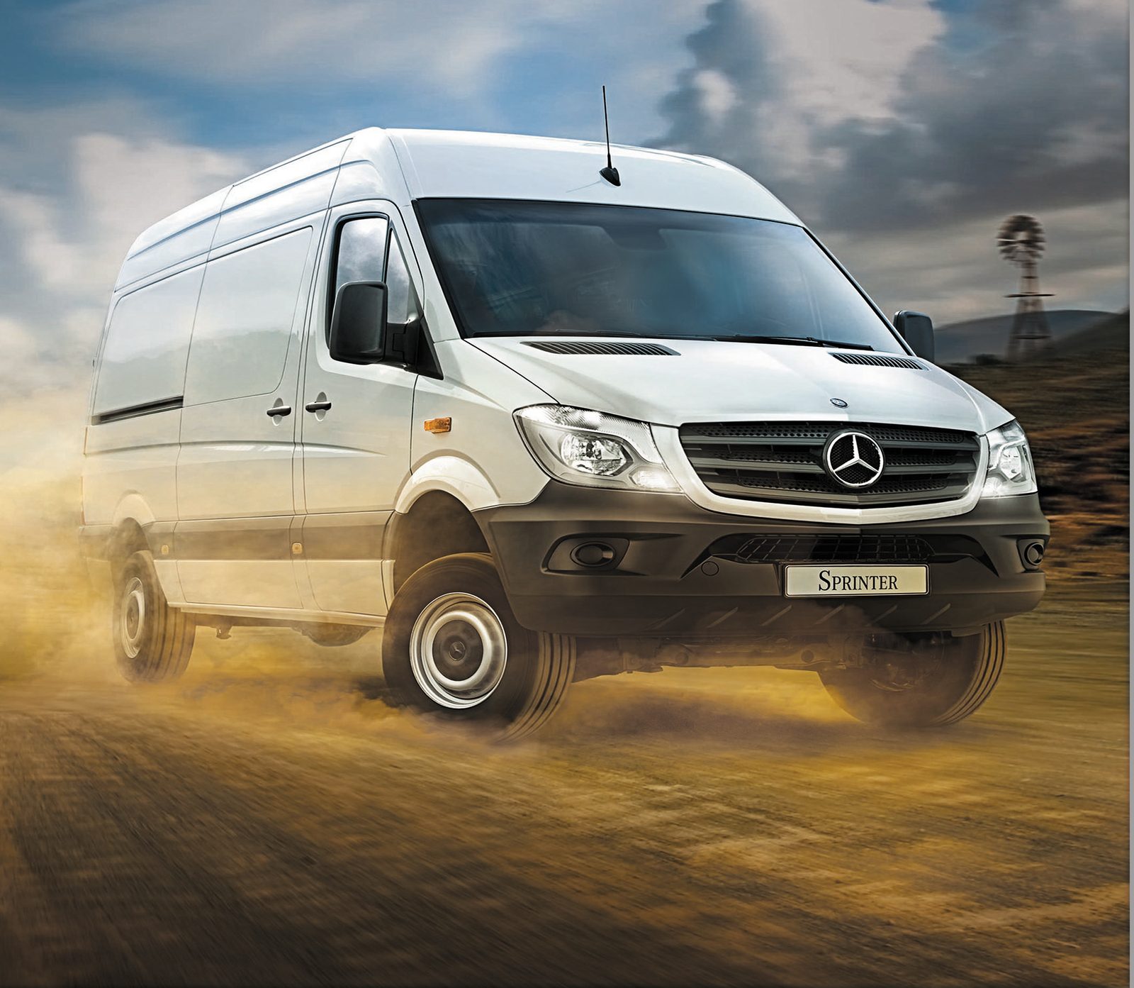 Mercedes-Benz Sprinter composite — van powering through golden dust on a farm road, windmill behind