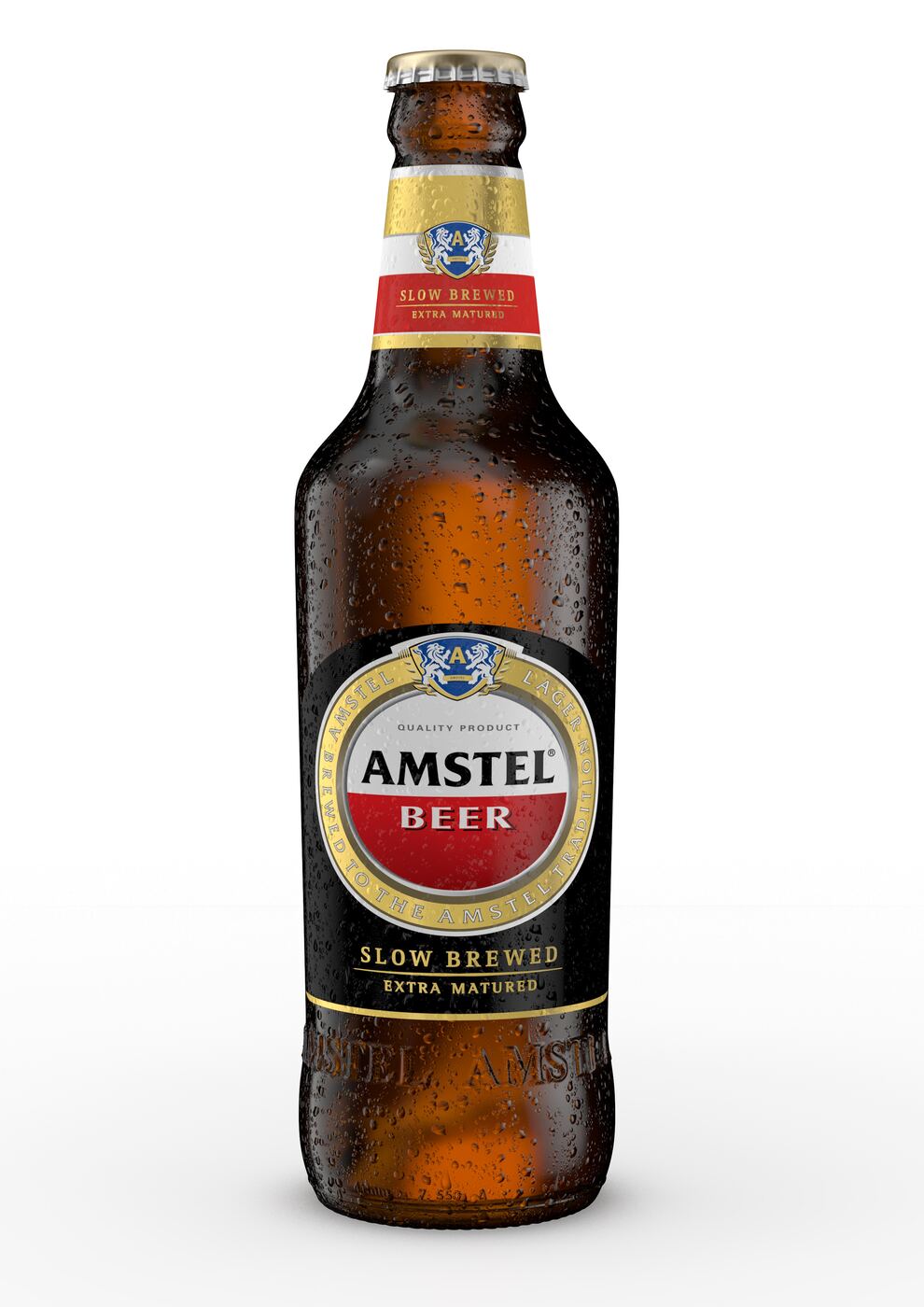 Photoreal 3D render of a condensation-covered Amstel beer bottle