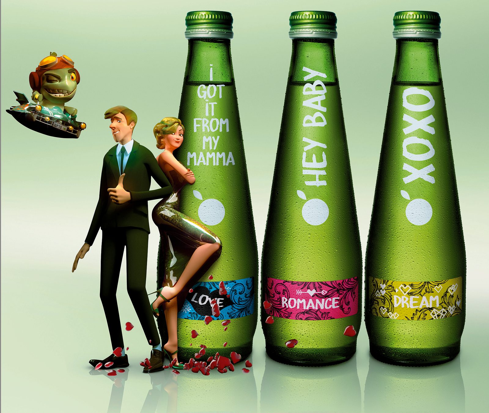 3D-rendered Appletiser bottle trio with stylised CGI characters and spritzing
