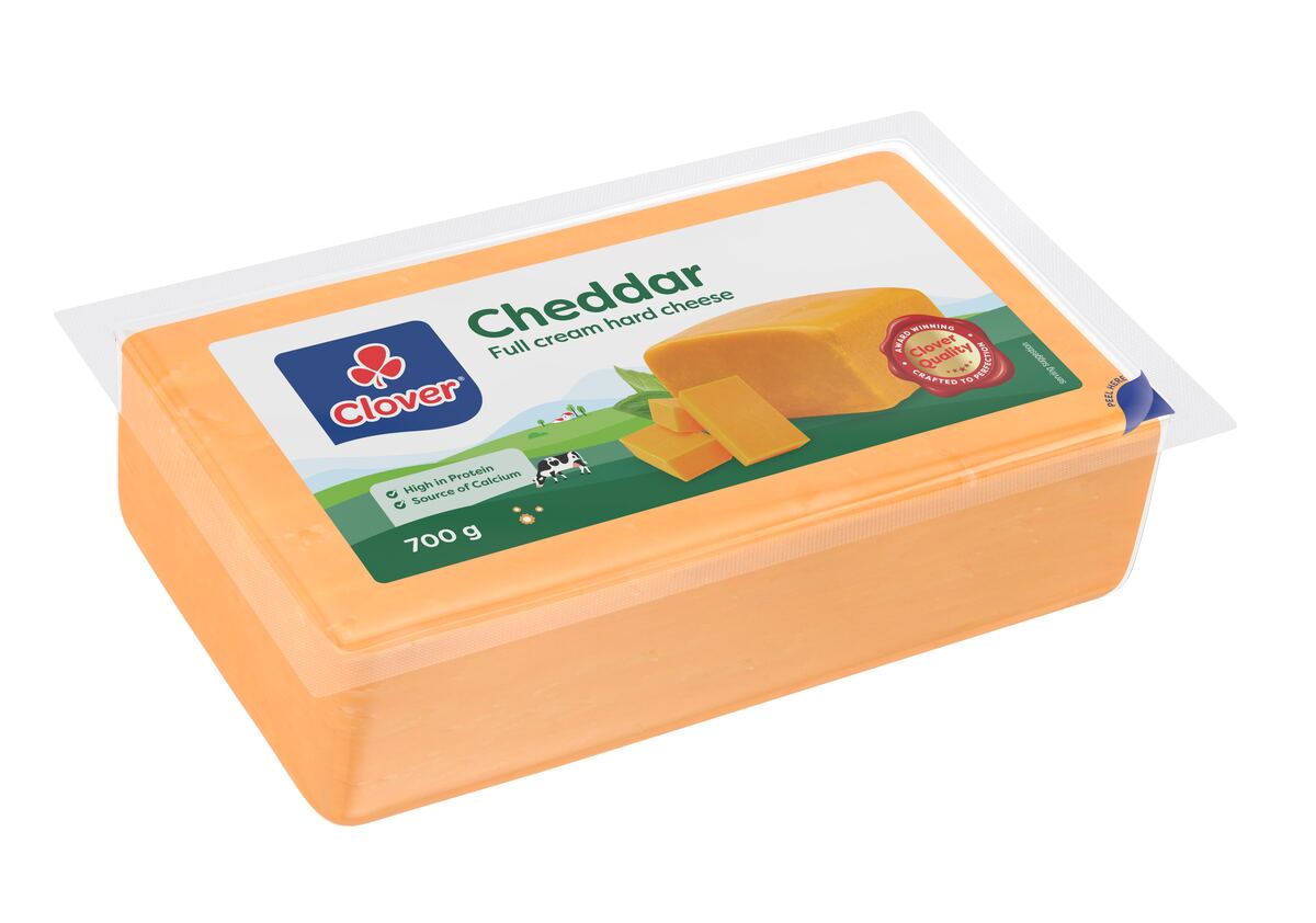 3D render of a vacuum-packed Clover cheddar block