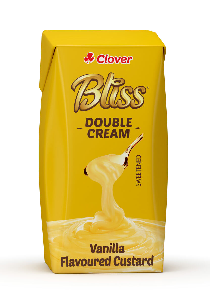 3D render of a Clover Bliss vanilla custard carton with pouring swirl