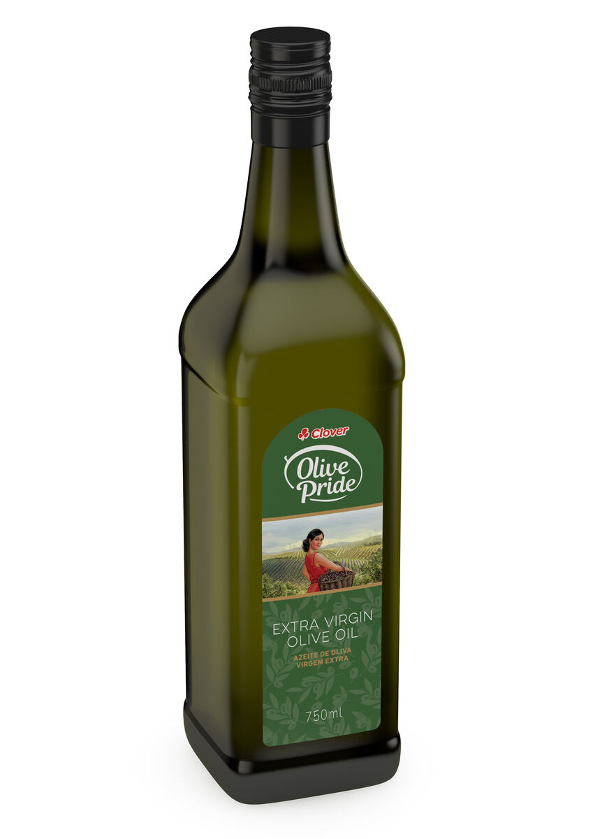 3D render of a Clover Pride extra virgin olive oil bottle