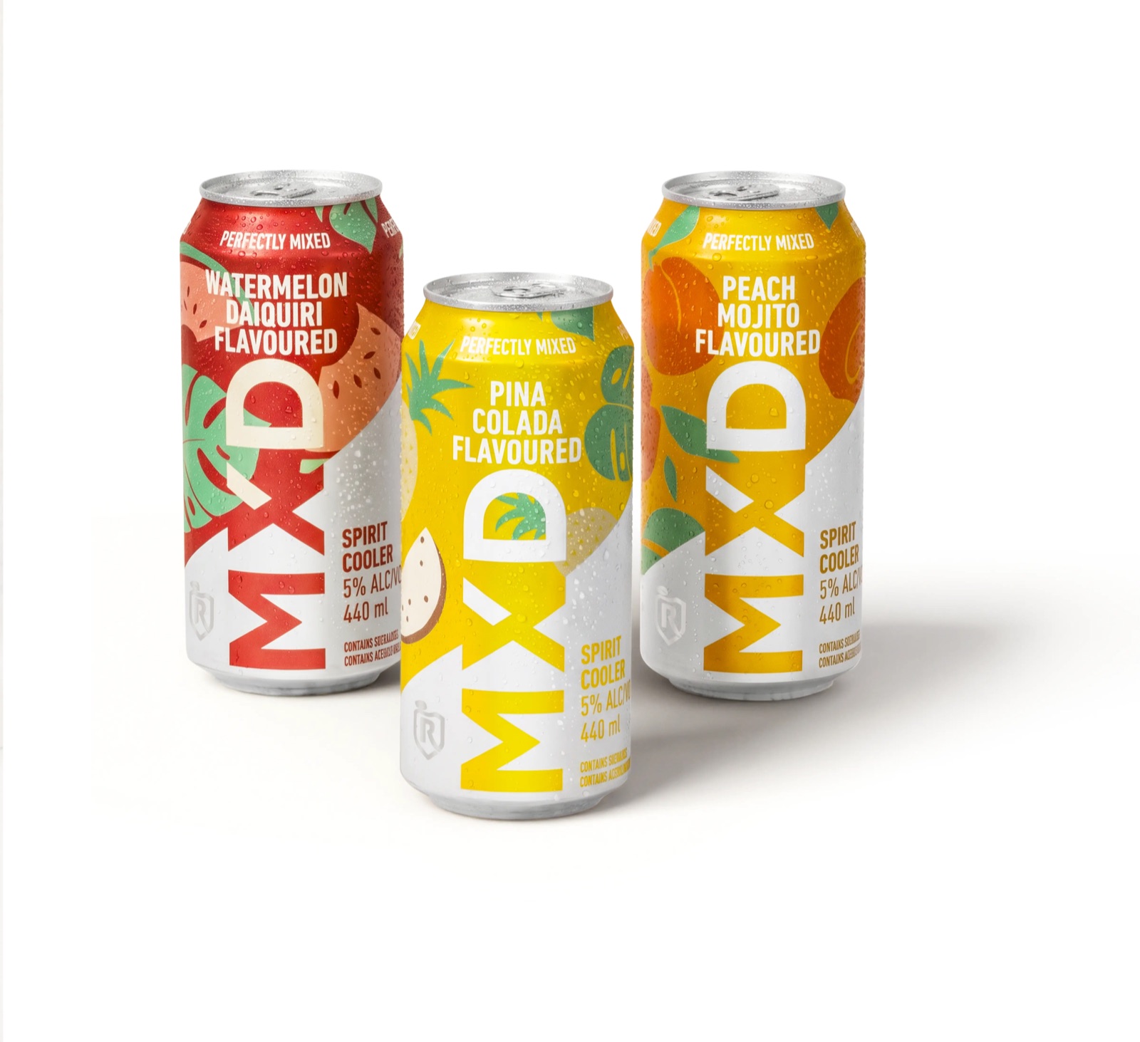 Studio pack shot of the MXD range — Watermelon Daiquiri, Pina Colada and Peach Mojito cans on white