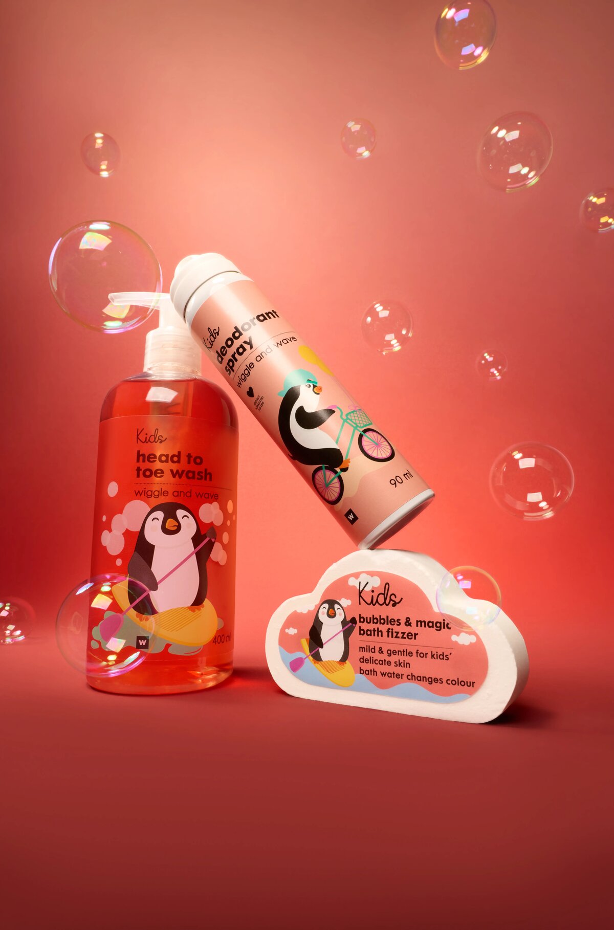 Woolworths Kids Wiggle and Wave bath and body range with a penguin character and bubbles