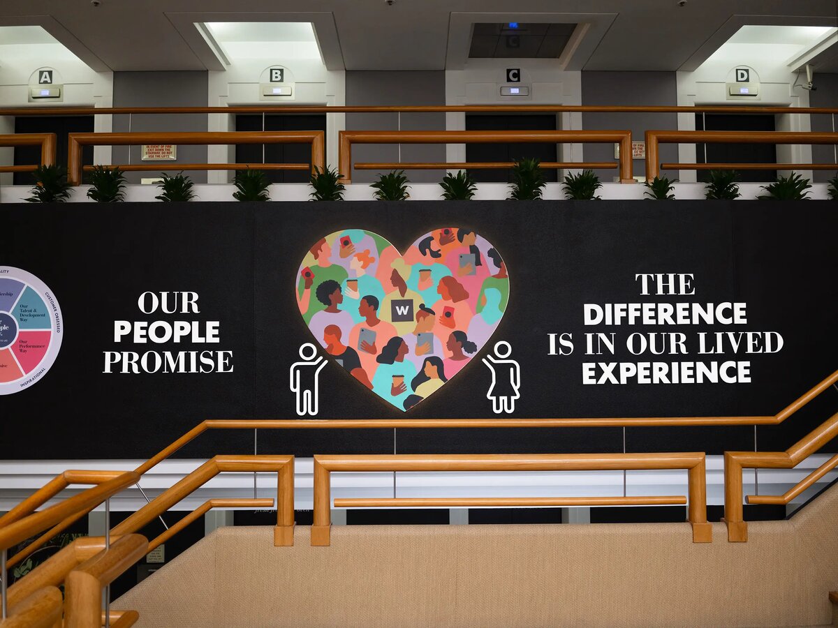 Woolworths Head Office lobby signage reading Our People Promise
